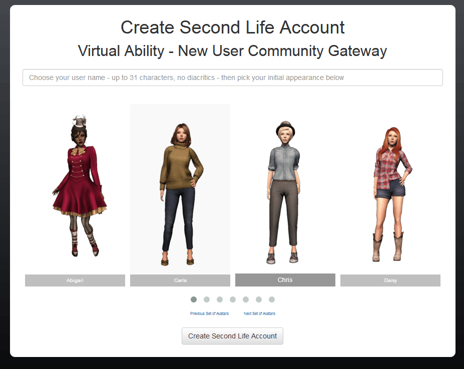 Virtual Ability Second Life Sign Up Page