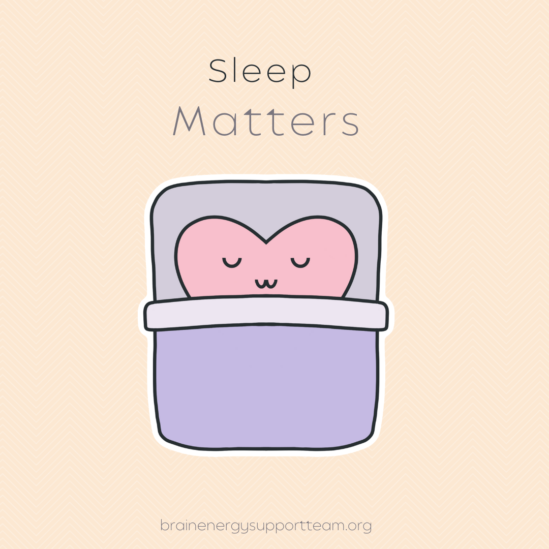 A simple cartoon drawing of a heart character sleeping tucked into a bed