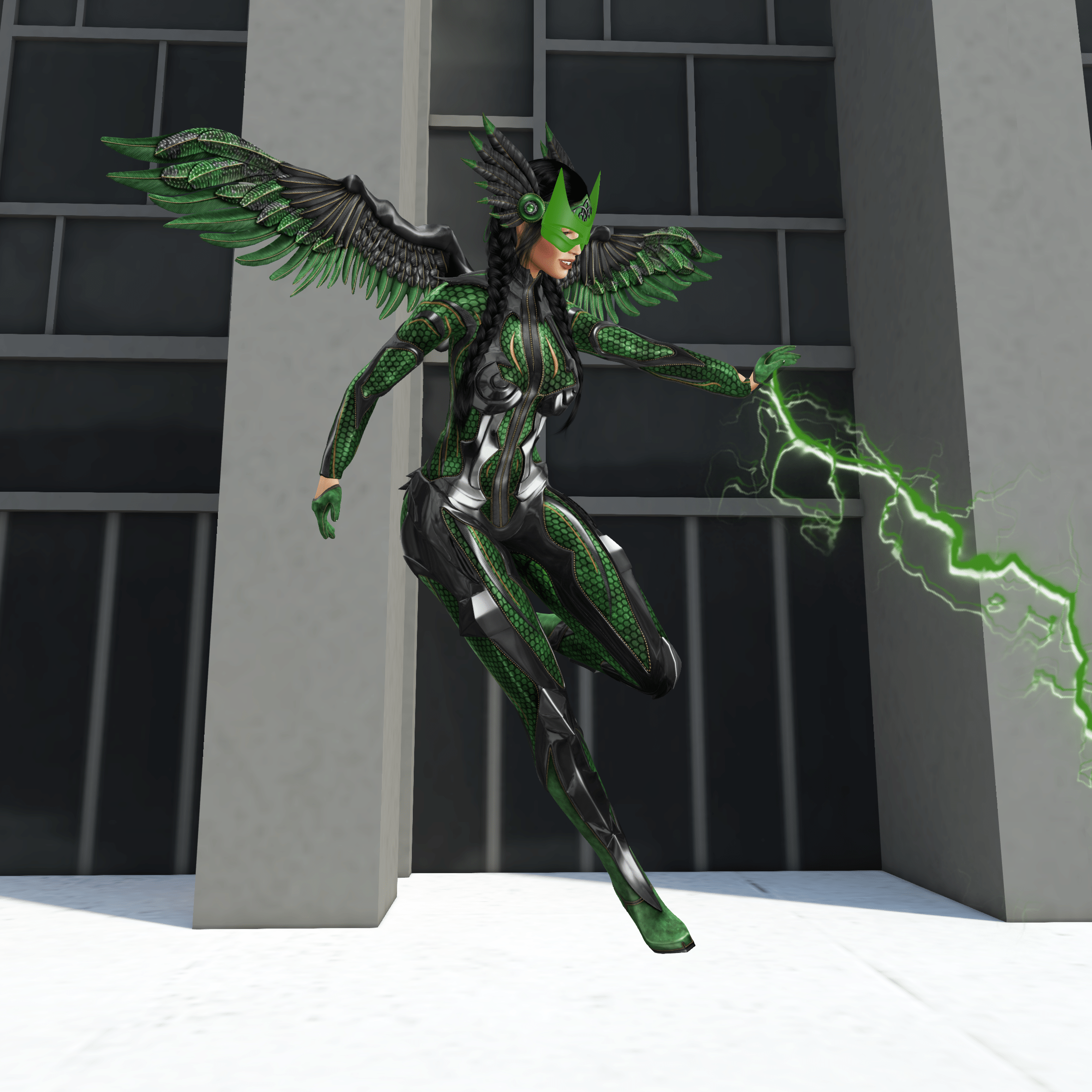 Second Life avatar creation of Empowera a female superhero in green superhero costume with green wings and a bolt of green lightning is coming from her fingertips 