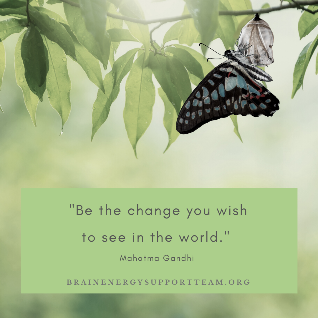 A butterfly emerging from a chrysalis, with a leafy branch and sunshine in the background. Text reads: Be the change you wish to see in the world