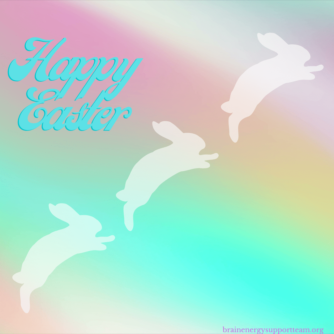A simple outline of three bunnies leaping into the air simultaneously. Text reads Happy Easter