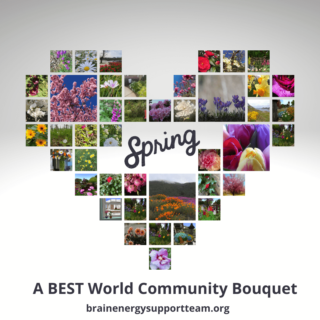 A heart-shaped collage of many pictures of spring flowers in real life and in the virtual world of Second Life