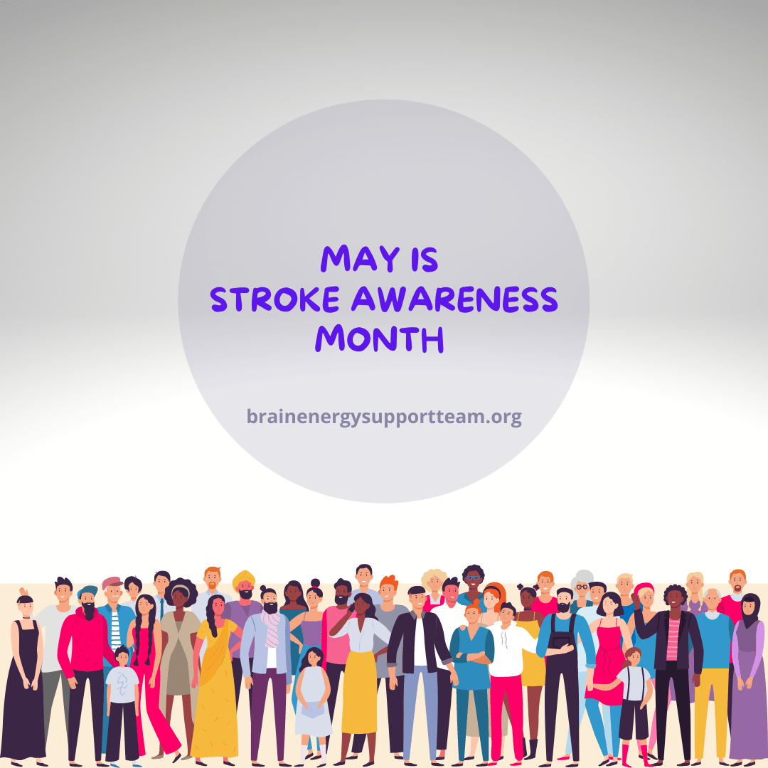 A graphic of a diverse group of people. Text reads: May is Stroke Awareness Month.