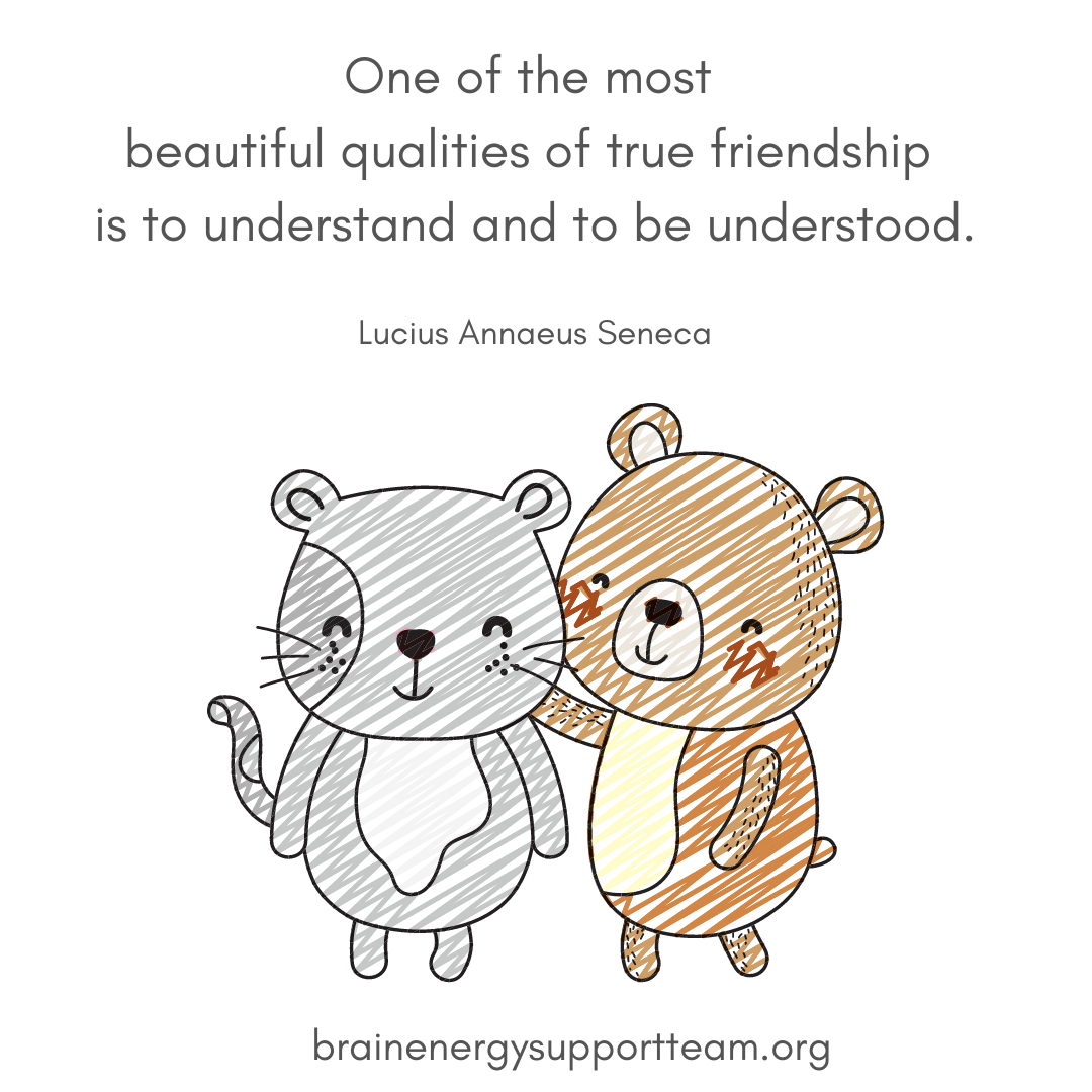 A simple drawing of a cute pair of animal friends, a cat and a bear. The bear is patting the cat on the back and both are happy. Text reads: One-of-the-most-beautiful-qualities-of-true-friendship-is-to-understand-and-to-be-understood.