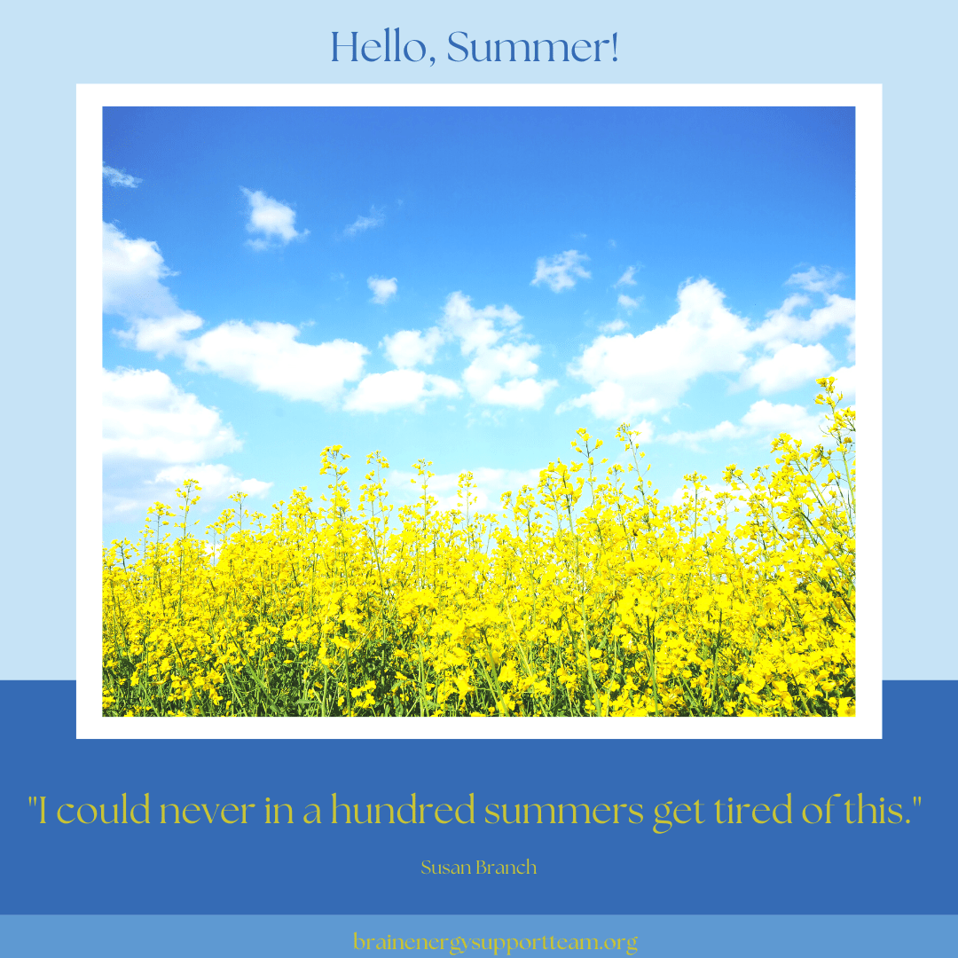 Text reads: Hello Summer! I could never in a hundred summers get tired of this. Susan Branch the text is coupled with a dense field of yellow flowers with a blue sky with puffy clouds