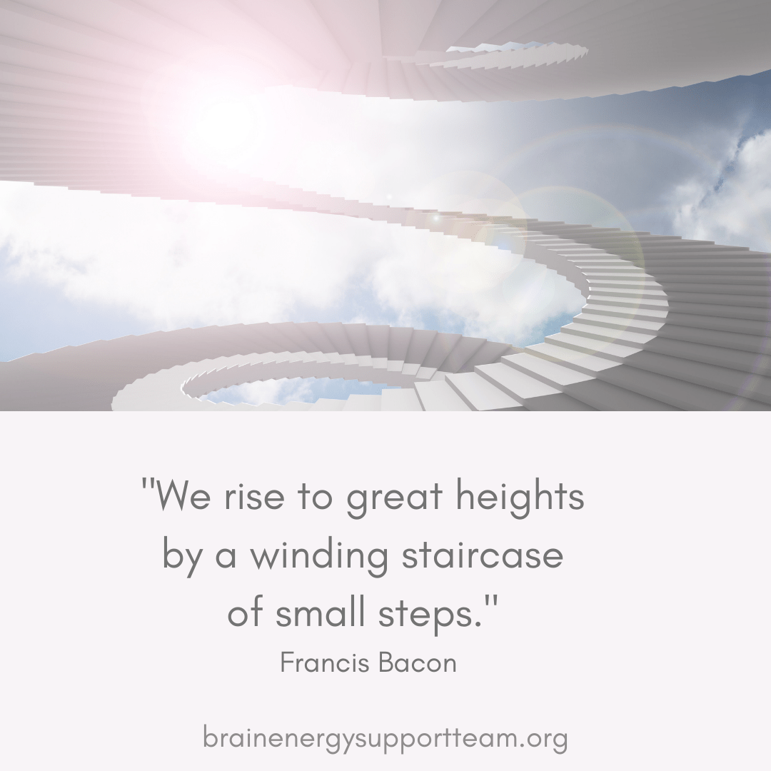 A windy staircase ascending into the sky with the sun shining bright text reads: We rise to great heights by a winding staircase of small steps. - Francis Bacon