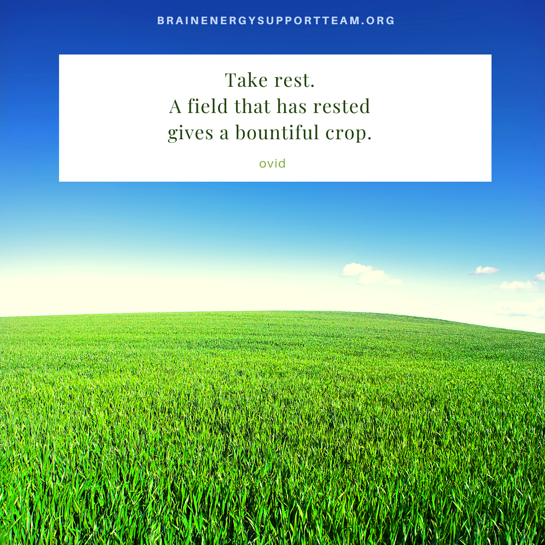 An important reminder as A wide open green field with blue sky. Text reads: "Take rest. A field that has rested gives a bountiful crop." 