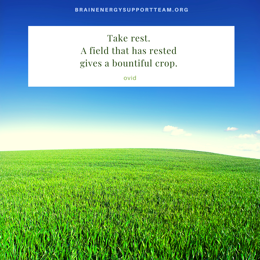 An important reminder as A wide open green field with blue sky. Text reads: "Take rest. A field that has rested gives a bountiful crop."