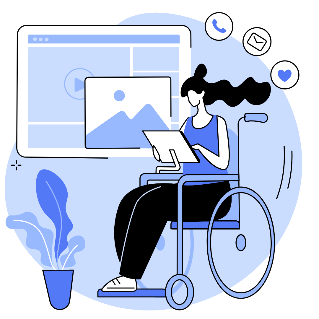 A modern drawing of a woman in a wheelchair using adaptive and assistive technologies